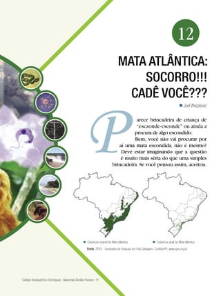 193Mata Atlântica: socorro!!! Cadê você???
Biologia
12
MATA ATLÂNTICA:
SOCORRO!!!
CADÊ VOCÊ???
Joel Weçolovis1

arece brincadeira de criança de
“esczonde-esconde” ou ainda a
procura de algo escondido.
Bem, você não vai procurar por
aí uma mata escondida, não é mesmo?
Deve estar imaginando que a questão
é muito mais séria do que uma simples
brincadeira. Se você pensou assim, acertou.
Cobertura original da Mata Atlântica Cobertura atual da Mata Atlântica
Fonte: SPVS - Sociedade de Pesquisa em Vida Selvagem, Curitiba/PR. www.spvs.org.br
1
Colégio Estadual Eron Domingues - Marechal Cândido Rondon - Pr
 