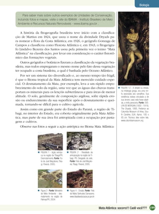 199Mata Atlântica: socorro!!! Cadê você???
Biologia
Para saber mais sobre outros exemplos de Unidades de Conservação,
incluindo fotos e mapas, visite o site do IBAMA - Instituto Brasileiro de Meio
Ambiente e Recursos Naturais Renováveis - www.ibama.gov.br .
A história da ﬁtogeograﬁa brasileira teve início com a classiﬁca-
ção de Martius em 1824, que usou o nome da divindade Dryads pa-
ra nomear a ﬂora da Costa Atlântica; em 1926, o geógrafo Gonzaga de
Campos a classiﬁcou como Floresta Atlântica e, em 1943, o ﬁtogeógra-
fo Lindalvo Bezerra dos Santos usou pela primeira vez o termo “Mata
Atlântica” na classiﬁcação, por levar em consideração o caráter ﬁsionô-
mico das formações vegetais.
Outros geógrafos e botânicos ﬁzeram a classiﬁcação da vegetação bra-
sileira, mas todos empregaram o mesmo nome pelo fato dessa vegetação
ter ocupado a costa brasileira, a qual é banhada pelo Oceano Atlântico.
Por ser um sistema tão diversiﬁcado e, ao mesmo tempo tão frágil,
é que o Bioma tropical da Mata Atlântica tem merecido cuidado espe-
cial. O desmatamento da Mata, por exemplo, leva a um rápido empo-
brecimento do solo da região, uma vez que as águas das chuvas trans-
portam os minerais para os lençóis subterrâneos e para áreas de menor
altitude. O solo, geralmente de composição argilosa, sofre rápida ero-
são ou endurecimento da sua superfície após o desmatamento e quei-
mada, tornando-se difícil para o cultivo agrícola.
Assim como em grande parte do Estado do Paraná, a região de Ti-
bagi, no interior do Estado, era coberta originalmente pela Mata Atlân-
tica, mas parte de sua área foi antropizada com a ocupação por pasta-
gens e cultivos.
Observe nas fotos a seguir a ação antrópica no Bioma Mata Atlântica:
FIGURA 12 - A dríade ou dríada,
na mitologia grega, era uma nin-
fa associada aos carvalhos. Sua
existência estava vinculada a de
sua árvore, caso esta fosse abati-
da, a ninfa pereceria. Fonte: EVE-
LYN DE MORGAN (1850 - 1919),
The Dryads, 1895, Pertence ao
Columbia Museum of Artes, Sou-
th Caroline, EUA. Aprox. 185 x
85 cm. Técnica: óleo sobre tela.
www.columbiamuseum.org

FIGURA 1 - Ação antrópi-
ca na região de Tibagi/PR.
Desmatamento. Fonte: Fo-
to de Joel Weçolovis, Tiba-
gi, Paraná, 2005.
 FIGURA 2 - Resultado da
antropização na região de Ti-
bagi, PR. Desgaste do solo.
Fonte: Foto de Joel Weçolo-
vis,Tibagi, Paraná, 2005.

Figura 4 - Erosão. Fonte: Foto
de Maria Gertrudes Damaceno.
www.diaadiaeducacao.pr.gov.br
Figura 3 - Fonte: Ministério
de Meio Ambiente - des-
matamento na região de
Palmas/PR, 2004.

 