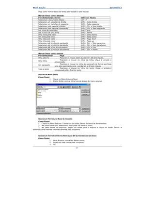 NOVA EDIÇÃO                                                                           INFORMÁTICA

     Veja como marcar bloco do texto pelo teclado e pelo mouse:

     Marcar bloco com o teclado
     Para Selecionar o Texto                         Utilize as Teclas
     Selecionar o documento inteiro                  Ctrl + T
     Selecionar um caractere à direita               Shift + Seta direita
     Selecionar um caractere à esquerda              Shift + Seta esquerda
     Selecionar uma palavra à direita                Shift + Ctrl + Seta direita
     Selecionar uma palavra à esquerda               Shift + Ctrl + Seta esquerda
     Até o fim de uma linha                          Shift + End
     Até o início de uma linha                       Shift + Home
     Uma linha para baixo                            Shift + Seta abaixo
     Um linha para cima                              Shift + Seta acima
     Uma tela para baixo                             Shift + Page down
     Uma tela para cima                              Shift + Page up
     Selecionar até o início do parágrafo            Shift + Ctrl + Seta para cima
     Selecionar até o início do parágrafo            Shift + Ctrl + Seta para baixo
     Selecionar até o fim do documento               Shift + Ctrl + End
     Selecionar até o início do documento            Shift + Ctrl + Home

     Marcar bloco com o mouse
     Para Selecionar       Faça
     Uma palavra           Posicione o mouse sobre a palavra e dê dois cliques.
                           Posicione o mouse no início da linha, clique e arraste o
     Uma linha
                     pressionado.
                           Posicione o mouse no início do parágrafo de forma que fique
     Um parágrafo
                     uma seta apontando para o parágrafo e dê dois cliques.
                           Posicione o mouse no início do texto, clique e arraste-o
     Todo o texto
                     pressionado até o final do texto.

     INICIAR UM NOVO TEXTO
     Como Fazer:
               1.    Clique no Menu Arquivo/Novo
               2.    Atalho Botão como a folha branca abaixo do menu arquivo.




     GRAVAR UM TEXTO E/OU SUAS ALTERAÇÕES
      Como Fazer:
      1. Clique no Menu Arquivo / Salvar ou no botão Salvar da barra de ferramentas;
      2. Na caixa Salvar em, selecione o local onde irá salvar o texto;
      3. Na caixa Nome do Arquivos, digite um nome para o arquivo e clique no botão Salvar. A
extensão será inserida automaticamente pelo programa.


     GRAVAR UM TEXTO COM OUTRO NOME E/OU EM OUTRA UNIDADE DE DISCO
     Como Fazer:
               1.    Menu Arquivo, comando Salvar como;
               2.    Digite um novo nome para o arquivo;
               3.    Ou,

                                               37
 