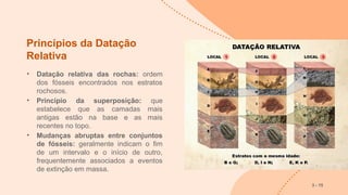 Princípios da Datação
Relativa
• Datação relativa das rochas: ordem
dos fósseis encontrados nos estratos
rochosos.
• Princípio da superposição: que
estabelece que as camadas mais
antigas estão na base e as mais
recentes no topo.
• Mudanças abruptas entre conjuntos
de fósseis: geralmente indicam o fim
de um intervalo e o início de outro,
frequentemente associados a eventos
de extinção em massa.
3 - 15
 