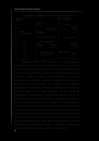 casinha de
boneca
área
movimentada
c
o
n
s
t
r
u
ç
ã
o
lápis
massinha
novidade
área semi tranquila
recorte e colagem
cavalete anilina
secador ou varal
cartaz calendário
janelinha
rodinha
quadro
negro
área Tranquila
ganchos
sacolas
jogos livrinhos
porta
Sandra Regina Gardacho Pietrobon
82
Barbosa e Horn (2001) chamam a atenção para o
aproveitamento do espaço não somente da sala de aula, mas
também de outros espaços disponíveis.Assim, dependendo do
centro de educação infantil poderemos ainda ter, como espaços
internos, a sala de vídeo, a brinquedoteca ou sala de
brinquedos, o refeitório, a sala de descanso, entre outros, os
quais são também espaços de cuidado e de trabalho
pedagógico. Nos espaços externos a criança poderá manipular
diferentes objetos, com maior liberdade de movimento de
imaginação. Nesse sentido, as crianças poderão sentar no
gramado para ouvir histórias, realizar piquenique, brincar de
bola, de cantiga de roda, correr e pular. Se há um parque, o
professor deverá ficar atento aos possíveis acidentes, mas sem
tolher as brincadeiras das crianças. Há, ainda, na parte externa
a casa de boneca, a qual poderá também ser improvisada, criar
um teatro ao ar livre com roupas para dramatização ou a
simples imitação de algo. Além disso, podemos pensar em um
local para realização de horta com as crianças ou criação de
animaldoméstico(pintinhos,coelhos,entre outros).
Disposição do mobiliário e material em cada sala de aula
 