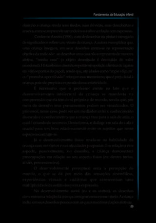desenho a criança revela seus medos, suas dúvidas, suas descobertas e
anseios,comocompreendeomundoàsuavoltaearelaçãocomaspessoas.
ConformeAroeira(1996),oatodedesenharoupintarécarregado
de significados e reflete um retrato da criança. Aautora exemplifica que,
uma criança insegura, em seus desenhos centra-se na representação
objetivadarealidade: aodesenharumacasanãoarepresentademaneira
afetiva, “minha casa” (o objeto desenhado é destituído de valor
emocional).Hátambémodesenhorepetitivo(repetiçãoidênticadefiguras
em vários pontos do papel), sendo que, atividades como “copie a figura”
ou“preenchaopontilhado”reforçamessemecanismo,queéprejudicialà
criança,poisnãopropiciaaexpansãodasuacriatividade.
É necessário que o professor atente ao fato que o
desenvolvimento intelectual da criança se manifesta na
compreensão que ela tem de si própria e do mundo, sendo que, por
meio do desenho seus pensamentos podem ser visualizados. O
professor, nesse caso, pode ser um mediador entre o conhecimento
da escola e o conhecimento que a criança traz para a sala de aula, o
qual é oriundo de seu meio. Desta forma, o diálogo em sala de aula é
crucial para um bom relacionamento entre os sujeitos que nesse
espaçoencontram-se.
Já o desenvolvimento físico revela-se na habilidade da
criança com os objetos e nas atividades propostas. Em relação a este
aspecto, possivelmente, no desenho, a criança demonstrará
preocupações em relação ao seu aspecto físico (ex: dentes tortos,
altura, pesoexcessivo).
O desenvolvimento perceptual seria a percepção de
mundo, o que se dá por meio das sensações sinestésicas,
experiências visuais e auditivas que acrescentam uma
multiplicidade de estímulos para a expressão.
No desenvolvimento social (eu e os outros), os desenhos
demonstramarelaçãodacriançaconsigomesmaecomomeio.Acriança
incluiemseusdesenhospessoascomasquaismantémrelaçõesafetivas.
Fundamentos da Educação Infantil
89
10
 