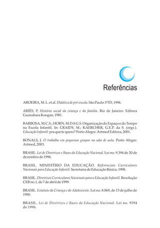 Referências
AROEIRA,M.L.et al.Didáticade pré-escola.SãoPaulo:FTD,1996.
ARIÈS, P. História social da criança e da família. Rio de Janeiro: Editora
Guanabara Koogan,1981.
BARBOSA, M.C.S.; HORN, M.DAG.S. Organização do Espaço e do Tempo
na Escola Infantil. In: CRAIDY, M.; KAERCHER, G.E.P. da S. (orgs.).
EducaçãoInfantil:praquete quero?PortoAlegre:ArtmedEditora,2001.
BONALS, J. O trabalho em pequenos grupos na sala de aula. Porto Alegre:
Artmed,2003.
BRASIL. Lei de Diretrizes e Bases da Educação Nacional. Lei no. 9.394 de 20 de
dezembrode1996.
BRASIL. MINISTÉRIO DA EDUCAÇÃO. Referenciais Curriculares
NacionaisparaEducaçãoInfantil.SecretariadeEducaçãoBásica,1998.
BRASIL. Diretrizes Curriculares Nacionais para a Educação Infantil. Resolução
CEBno.1,de7deabril de1999.
BRASIL. Estatuto da Criança e do Adolescente. Lei no. 8.069, de 13 de julho de
1990.
BRASIL. Lei de Diretrizes e Bases da Educação Nacional. Lei no. 9394
de 1996.
 