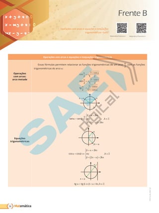 Matemática
58
PVE19_R4_MAT_B
Operações com arcos e equações e inequações
trigonométricas • Juros
Matemática financeira I Matemática financeira II
Operações com arcos e equações e inequações trigonométricas
Operações
com arcos:
arco metade
Essas fórmulas permitem relacionar as funções trigonométricas de um arco
2
com as funções
trigonométricas do arco :
cos
cos
cos
cos
cos
α α
α α
α α
α
2
1
2
2
1
2
2
1
1
= ±
+
= ±
−
=
−
+
sen
tg
Equações
trigonométricas
–
sen sen
k
ou
k
k
α β
β α π
β π α π
= ⇔
= +
= −
( )+





∈
2
2
,
–
cos cos ,
α β
β α π
β π α π
= ⇔
= +
= −
( )+





∈
2
2 2
k
ou
k
k
+
tg tg k k
α β β α π
= ⇔ = + ∈
,
Frente B
PG19LP424SDM0_MIOLO_PVE19_4_MAT_LP.indb 58 27/05/2019 17:03:04
 