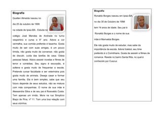 Biografia

Biografia
Ronaldo Borges nasceu em Ipiaú-BA,

Quetlen Almeida nasceu no
no dia 30 de Outubro de 1998
dia 25 de outubro de 1999
tem 14 anos de idade. Seu pai é
na cidade de Ipiaú-BA . Estuda no
Ronaldo Borges e o nome de sua
colégio José Mendes de Andrade no turno
vespertino e cursa o 8° ano. Adora a cor
vermelha, sua comida preferida é lasanha. Gosta
muito de sair com suas amigas, é um pouco
tímida, não gosta muito de conversar, não gosta
de discutir, cuida das tarefas de casa. Odeia
pessoas falsas. Adora assistir novelas e filmes de
terror e comédias. Seu signo é escorpião, é
solteira e gosta muito de frequentar a escola.
Pretende cursar faculdade e ser veterinária pois
gosta muito de animais. Deseja casar e formar
uma família. Ela é bem simples, sabe que seu
futuro depende de seus estudos, não se mistura
com más companhias. O nome de sua mãe é
Alessandra Silva e de seu pai é Rosivaldo Costa.
Tem apenas um irmão. Mora na rua Simplício
Bispo de Pina, nº 11. Tem uma boa relação com
seus vizinhos.

mãe é Marivalda Borges.
Ele não gosta muito de estudar, mas sabe da
importância da escola. Adora futebol, seu time
preferido é o Corinthians. Gosta de assistir a filmes de
romance. Reside no bairro Santa Rita, no qual é
conhecido por Cuscuz.

 