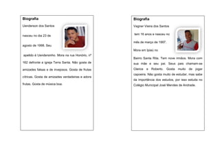 Biografia

Biografia

Uenderson dos Santos

Vagner Vieira dos Santos

nasceu no dia 23 de

tem 16 anos e nasceu no
mês de março de 1997.

agosto de 1998. Seu
Mora em Ipiaú no
apelido é Uendersinho. Mora na rua Honório, nº
Bairro Santa Rita. Tem nove irmãos. Mora com
162 defronte a igreja Terra Santa. Não gosta de

sua mãe e seu pai. Seus pais chamam-se

amizades falsas e de invejosos. Gosta de frutas

Clarice

cítricas. Gosta de amizades verdadeiras e adora

e

Roberto.

Gosta

muito

de

jogar

capoeira. Não gosta muito de estudar, mas sabe
da importância dos estudos, por isso estuda no

frutas. Gosta de música boa.

Colégio Municipal José Mendes de Andrade.

 