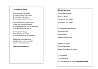 Soneto do Amor

Soneto do Amor

Amar é querer mais e mais
É sofrer por quem não te quer
É amar quem não te quer
É pensar por não ter um querer.

O amor é a revolução

Amar é sofrer com vontade de ter
É falar sem vontade de querer
É um sentimento que não sei descrever
Amar é lutar pelo seu querer.

E nos deixa sem noção.

É um rojão da emoção
Amar é chama da paixão
É um sentimento que da sensação.

Brilha como sol

Inicia no tempo
Transforma num vulcão

O amor é como o amanhecer

E ao anoitecer
Se transforma no farol.

Diálogo faz parte da emoção
Que bate mais forte no coração
Que é a chama da ilusão.

No amor há brigas

( Natália Cardim Farias)

É como gato e rato
Mas no fim acabam as intrigas

O amor é vida
O amor é morte
Por isso devemos ser fortes. ( Ronaldo Borges)

 