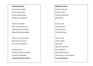 Soneto do Amor

Soneto do amor

Do amor vem o perdão

O amor é uma rosa

O amor é para sempre

A rosa é o amor

O amor é sempre querer

Quanto mais se amar

Porque tem compreensão.

Mais terá flor.

O amor é uma paixão

A rosa é amor

Que é mais forte que a dor

O amor é a rosa

È algo que todo mundo quer

O amor que trás

Mesmo sofrendo pela solidão.

O perfume da rosa.

O amor é um fruto da paixão

Tenho o cravo

Da paixão vem o carinho

Tenho uma flor

E do carinho a satisfação

Quem ama
Não sabe o que é dor.

Eu gosto de amar

Estava no jardim

Porque traz carinho e proteção

De repente escureceu

E também compreensão.

Dentro da flor, o amor apareceu.

( Iranildo Soares dos Santos)

( Luara dos Santos)

 
