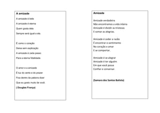 A amizade
A amizade é bela
A amizade é eterna
Quem gosta dela
Sempre será igual a ela.

É como o coração
Deixa sem explicação

Amizade
Amizade verdadeira
Não encontramos a vida inteira
Amizade é dividir as tristezas
E somar as alegrias.
Amizade é ceder a razão
É encontrar o sentimento
No coração e amar
E se comportar.

A amizade é cada passo
Para a eterna fidelidade.

O amor e a amizade

Amizade é se alegrar
Amizade é ter alguém
Em que você possa
Confiar e conversar.

É luz do vento e do prazer
Fica dentro da palavra dizer

(Samara dos Santos Batista)
Que eu gosto muito de você.
( Douglas França)

 