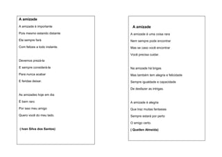 A amizade
A amizade é importante

A amizade

Pois mesmo estando distante

A amizade é uma coisa rara

Ela sempre fará

Nem sempre pode encontrar

Com felizes a todo instante.

Mas se caso você encontrar
Você precisa cuidar.

Devemos prezá-la
E sempre considerá-la

Na amizade há brigas

Para nunca acabar

Mas também tem alegria e felicidade

E feridas deixar.

Sempre igualdade e capacidade
De desfazer as intrigas.

As amizades hoje em dia
É bem raro

A amizade é alegria

Por isso meu amigo

Que traz muitas fantasias

Quero você do meu lado.

Sempre estará por perto
O amigo certo.

( Ivan Silva dos Santos)

( Quetlen Almeida)

( Quetlen Almeida)

 