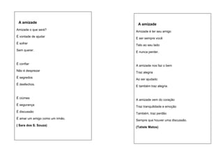 A amizade
Amizade o que será?
É vontade de ajudar
É sofrer
Sem querer.

É confiar
Não é desprezar
É segredos
É desfechos.

É ciúmes
É segurança
É discussão
É amar um amigo como um irmão.
( Sara dos S. Souza)

A amizade
Amizade é ter seu amigo
E ser sempre você
Telo ao seu lado
E nunca perder.

A amizade nos faz o bem
Traz alegria
Ao ser ajudado
E também traz alegria.

A amizade vem do coração
Traz tranquilidade e emoção
Também, traz perdão
Sempre que houver uma discussão.
(Tatiele Matos)

 