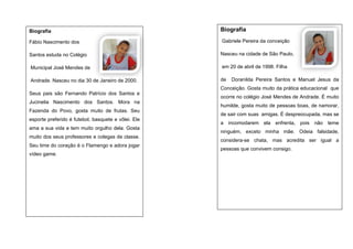 Biografia

Biografia

Fábio Nascimento dos

Gabriele Pereira da conceição

Santos estuda no Colégio

Nasceu na cidade de São Paulo,

Municipal José Mendes de

em 20 de abril de 1998. Filha

Andrade. Nasceu no dia 30 de Janeiro de 2000.

de

Doranilda Pereira Santos e Manuel Jesus da

Conceição. Gosta muito da prática educacional que
Seus pais são Fernando Patrício dos Santos e
Jucinelia Nascimento dos Santos. Mora na
Fazenda do Povo, gosta muito de frutas. Seu
esporte preferido é futebol, basquete e vôlei. Ele
ama a sua vida e tem muito orgulho dela. Gosta
muito dos seus professores e colegas de classe.
Seu time do coração é o Flamengo e adora jogar
vídeo game.

ocorre no colégio José Mendes de Andrade. É muito
humilde, gosta muito de pessoas boas, de namorar,
de sair com suas amigas. É despreocupada, mas se
a incomodarem ela enfrenta, pois não teme
ninguém, exceto minha mãe. Odeia falsidade,
considera-se chata, mas acredita ser igual a
pessoas que convivem consigo.

 