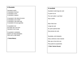 A Saudade

A saudade

Saudade é sentir
A saudade é iluminar
A saudade é sorrir
A saudade é esperar.

Saudade é está longe de você

A saudade é não deixar de amar
A saudade é ver e sentir
A saudade é não poder agir
A saudade é ter que aguardar.

Aqui a sofrer.

A saudade é dor
Às vezes vem com furor
Saudade é ficar longe

Longe de você

A saudade é verdadeira
Espero que seja passageira
Para viver a vida inteira.
( Tatiele Matos)

E querer te ver
Fico sem saber o que fazer

Não é fácil viver

Eu quero apenas dizer
Que preciso de você.

Saudades, sinto bastante
Estou sofrendo a todo instante
Não vejo a hora de te ver
Para poder te surpreender.
( Tielle Santos Souza)

 
