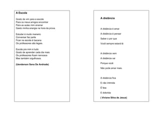 A Escola
Gosto de vim para a escola
Para os meus amigos encontrar
Para as aulas mim ensinar
Gasto minha energia na hora da prova.
Estudar é muito maneiro
Conversar faz parte
Ficar na escola é bacana
Os professores são legais.
Escola pra mim é tudo
Gosto de aprender cada dia mais
Os professores ficam nervosos
Mas também orgulhosos.
(Uenderson Sena De Andrade)

A distância

A distância é amar
A distância é pensar
Saber o por que
Você sempre estará lá

A distância vem
A distância vai
Porque você
Não pode amar mais.

A distância fica
E não intimida
É feia
E dolorida
( Viviane Silva de Jesus)

 