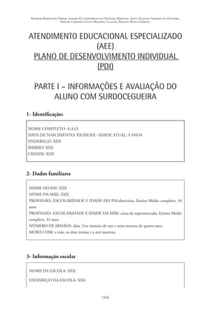 Rosimar Bortolini Poker, Sandra Eli Sartoreto de Oliveira Martins, Anna Augusta Sampaio de Oliveira,
Simone Ghedini Costa Milanez, Claudia Regina Mosca Giroto.
106
ATENDIMENTO EDUCACIONAL ESPECIALIZADO
(AEE)
PLANO DE DESENVOLVIMENTO INDIVIDUAL
(PDI)
PARTE I – INFORMAÇÕES E AVALIAÇÃO DO
ALUNO COM SURDOCEGUEIRA
1- Identificação:
NOME COMPLETO: A.A.O.
DATA DE NASCIMENTO: XX/XX/XX - IDADE ATUAL: 9 ANOS
ENDEREÇO: XXX
BAIRRO: XXX
CIDADE: XXX
2- Dados familiares
NOME DO PAI: XXX
NOME DA MÃE: XXX
PROFISSÃO, ESCOLARIDADE E IDADE DO PAI:eletricista, Ensino Médio completo, 34
anos
PROFISSÃO, ESCOLARIDADE E IDADE DA MÃE: caixa de supermercado, Ensino Médio
completo, 33 anos
NÚMERO DE IRMÃOS: dois. Um menino de sete e uma menina de quatro anos
MORA COM: a mãe, os dois irmãos e a avó materna
3- Informação escolar
NOME DA ESCOLA: XXX
ENDEREÇO DA ESCOLA: XXX
 