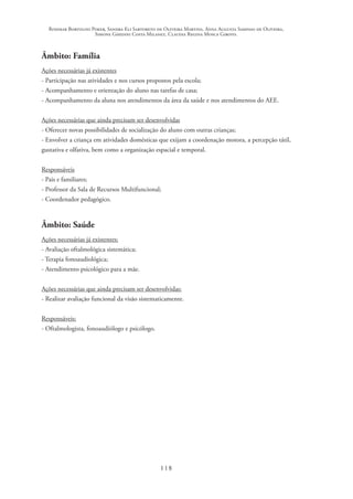 Rosimar Bortolini Poker, Sandra Eli Sartoreto de Oliveira Martins, Anna Augusta Sampaio de Oliveira,
Simone Ghedini Costa Milanez, Claudia Regina Mosca Giroto.
118
Âmbito: Família
Ações necessárias já existentes
- Participação nas atividades e nos cursos propostos pela escola;
- Acompanhamento e orientação do aluno nas tarefas de casa;
- Acompanhamento da aluna nos atendimentos da área da saúde e nos atendimentos do AEE.
Ações necessárias que ainda precisam ser desenvolvidas
- Oferecer novas possibilidades de socialização do aluno com outras crianças;
- Envolver a criança em atividades domésticas que exijam a coordenação motora, a percepção tátil,
gustativa e olfativa, bem como a organização espacial e temporal.
Responsáveis
- Pais e familiares;
- Professor da Sala de Recursos Multifuncional;
- Coordenador pedagógico.
Âmbito: Saúde
Ações necessárias já existentes:
- Avaliação oftalmológica sistemática;
- Terapia fonoaudiológica;
- Atendimento psicológico para a mãe.
Ações necessárias que ainda precisam ser desenvolvidas:
- Realizar avaliação funcional da visão sistematicamente.
Responsáveis:
- Oftalmologista, fonoaudiólogo e psicólogo.
 
