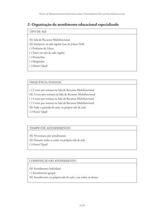 119
Plano de Desenvolvimento Individual para o Atendimento Educacional Especializado
2- Organização do atendimento educacional especializado
TIPO DE AEE
(X) Sala de Recursos Multifuncional
(X) Intérprete na sala regular (uso da Libras Tátil)
( ) Professor de Libras
( ) Tutor em sala de aula regular
( ) Domiciliar
( ) Hospitalar
( ) Outro? Qual?
FREQUÊNCIA SEMANAL
( ) 2 vezes por semana na Sala de Recursos Multifuncional
(X) 3 vezes por semana na Sala de Recursos Multifuncional
( ) 4 vezes por semana na Sala de Recursos Multifuncional
( ) 5 vezes por semana na Sala de Recursos Multifuncional
(X) Todo o período de aula, na própria sala de aula
( ) Outra? Qual?
TEMPO DE ATENDIMENTO
(X) 50 minutos por atendimento
(X) Durante todas as aulas, na própria sala de aula
( ) Outro? Qual?
COMPOSIÇÃO DO ATENDIMENTO
(X) Atendimento individual
( ) Atendimento grupal
(X) Atendimento na própria sala de aula, com todos os alunos
 
