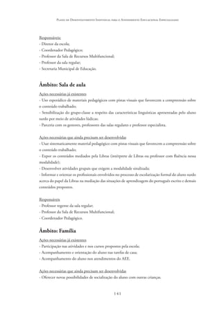 141
Plano de Desenvolvimento Individual para o Atendimento Educacional Especializado
Responsáveis:
- Diretor da escola;
- Coordenador Pedagógico;
- Professor da Sala de Recursos Multifuncional;
- Professor da sala regular;
- Secretaria Municipal de Educação.
Âmbito: Sala de aula
Ações necessárias já existentes
- Uso esporádico de materiais pedagógicos com pistas visuais que favorecem a compreensão sobre
o conteúdo trabalhado;
- Sensibilização do grupo-classe a respeito das características linguísticas apresentadas pelo aluno
surdo por meio de atividades lúdicas;
- Parceria com os gestores, professores das salas regulares e professor especialista.	
Ações necessárias que ainda precisam ser desenvolvidas
- Usar sistematicamente material pedagógico com pistas visuais que favorecem a compreensão sobre
o conteúdo trabalhado;
- Expor os conteúdos mediados pela Libras (intérprete de Libras ou professor com fluência nessa
modalidade);
- Desenvolver atividades grupais que exigem a modalidade sinalizada;
- Informar e orientar os profissionais envolvidos no processo de escolarização formal do aluno surdo
acerca do papel da Libras na mediação das situações de aprendizagem do português escrito e demais
conteúdos propostos.	
Responsáveis
- Professor regente da sala regular;
- Professor da Sala de Recursos Multifuncional;
- Coordenador Pedagógico.
Âmbito: Família
Ações necessárias já existentes
- Participação nas atividades e nos cursos propostos pela escola;
- Acompanhamento e orientação do aluno nas tarefas de casa;
- Acompanhamento do aluno nos atendimentos do AEE.	
Ações necessárias que ainda precisam ser desenvolvidas
- Oferecer novas possibilidades de socialização do aluno com outras crianças.
 