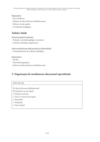Rosimar Bortolini Poker, Sandra Eli Sartoreto de Oliveira Martins, Anna Augusta Sampaio de Oliveira,
Simone Ghedini Costa Milanez, Claudia Regina Mosca Giroto.
142
Responsáveis
- Pais e familiares;
- Professor da Sala de Recursos Multifuncional;
- Professor da sala regular;
- Coordenador pedagógico.
Âmbito: Saúde
Ações necessárias já existentes:
- Avaliação otorrinolaringológica sistemática;
- Avaliação audiológica regularmente.
Ações necessárias que ainda precisam ser desenvolvidas:
- Acompanhamento da avaliação audiológica.
Responsáveis:
- Família;
- Otorrinolaringologista;
- Professor da Sala de Recursos Multifuncional.
2- Organização do atendimento educacional especializado
TIPO DE AEE
(X) Sala de Recursos Multifuncional
(X) Intérprete na sala regular
( ) Professor de Libras
( ) Tutor em sala de aula regular
( ) Domiciliar
( ) Hospitalar
( ) Outro? Qual?
 