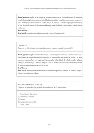 145
Plano de Desenvolvimento Individual para o Atendimento Educacional Especializado
Área Cognitiva: ampliação do tempo de atenção e concentração; desenvolvimento da memória
visual relacionada às noções de temporalidade, quantidade, espaciais, entre outras; compreen-
são e interpretação de experiências e fatos; noção de seriação e cálculo; linguagem sinalizada e
escrita; desenvolvimento da função simbólica por meio da Libras e informações visuais, táteis
e olfativas.
Área Motora: ---
Área Social: interação com colegas; expressão corporal; jogos grupais..
OBJETIVOS
Descrever os objetivos que pretende alcançar com o aluno, em cada área, no AEE
Área Cognitiva: ampliar o tempo de atenção e concentração; desenvolver a memória visual; es-
timular a noção temporal e espacial; interpretar e compreender as experiências vividas e os fatos
narrados; organizar fatos em sequência lógica; ampliar a habilidade de cálculo simples (adição,
subtração, multiplicação e divisão); ampliar o uso da modalidade sinalizada; oferecer atividades
de suporte ao uso da apropriação e da escrita.
Área Motora: ---
Área Social: desenvolver habilidades sociais e expressão gestual e corporal de forma a propor-
cionar a interação com colegas.
	
ATIVIDADES DIFERENCIADAS
Descrever as atividades que pretende desenvolver, no AEE, com o aluno
( ) Comunicação alternativa
(X) Informática acessível
(X) Libras
(X) Adequação de material
( ) Outra? Qual?	
 