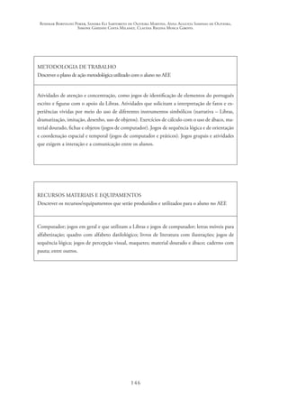Rosimar Bortolini Poker, Sandra Eli Sartoreto de Oliveira Martins, Anna Augusta Sampaio de Oliveira,
Simone Ghedini Costa Milanez, Claudia Regina Mosca Giroto.
146
METODOLOGIA DE TRABALHO
Descrever o plano de ação metodológica utilizado com o aluno no AEE
Atividades de atenção e concentração, como jogos de identificação de elementos do português
escrito e figuras com o apoio da Libras. Atividades que solicitam a interpretação de fatos e ex-
periências vividas por meio do uso de diferentes instrumentos simbólicos (narrativa – Libras,
dramatização, imitação, desenho, uso de objetos). Exercícios de cálculo com o uso de ábaco, ma-
terial dourado, fichas e objetos (jogos de computador). Jogos de sequência lógica e de orientação
e coordenação espacial e temporal (jogos de computador e práticos). Jogos grupais e atividades
que exigem a interação e a comunicação entre os alunos.
RECURSOS MATERIAIS E EQUIPAMENTOS
Descrever os recursos/equipamentos que serão produzidos e utilizados para o aluno no AEE
Computador; jogos em geral e que utilizam a Libras e jogos de computador; letras móveis para
alfabetização; quadro com alfabeto datilológico; livros de literatura com ilustrações; jogos de
sequência lógica; jogos de percepção visual, maquetes; material dourado e ábaco; caderno com
pauta; entre outros.
 