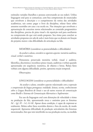 Rosimar Bortolini Poker, Sandra Eli Sartoreto de Oliveira Martins, Anna Augusta Sampaio de Oliveira,
Simone Ghedini Costa Milanez, Claudia Regina Mosca Giroto.
162
estímulos variados (barulhos e pessoas conversando ao seu redor). Utiliza
linguagem oral para se comunicar, com boa compreensão de enunciados
que envolvem a descrição e o cumprimento da rotina das atividades
acadêmicas, tais como: pegar o livro da disciplina, relatar fatos sobre
assuntos ocorridos em casa e na escola etc. Nas situações que envolvem a
apresentação de conceitos novos relacionados ao conteúdo programático
das disciplinas, precisa de pista visual e da repetição oral para auxiliarem
na compreensão do que está sendo proposto. Seu ritmo para concluir as
atividades propostas em sala de aula é mais lento que os demais em função
do prejuízo motor e das dificuldades de articulação na fala.
MEMÓRIA (considerar as potencialidades e dificuldades)
Ao avaliar o aluno, considere os seguintes aspectos: memória auditiva,
visual, verbal e numérica.
Demonstra preservada memória verbal, visual e auditiva.
Identifica, discrimina e reconhece pistas visuais, auditivas e verbais quando
apresentadas em sequência: numérica, de objetos e letras. Relata fatos
verbais com alguma dificuldade, porém, apresenta noção temporal.
Observações:
LINGUAGEM (considerar as potencialidades e dificuldades)
Ao avaliar o aluno, considere aspectos relacionados com a expressão
e compreensão da língua portuguesa: oralidade, leitura, escrita, conhecimento
sobre a Língua Brasileira de Sinais e uso de outros recursos de comunicação
como Braille e Sistemas de Comunicação Alternativa e Suplementar.
Faz uso da linguagem oral com distorções de velocidade e ritmo
na produção da fala, apresentando troca e omissões para os fonemas
/k/ - /g/; /f/ - /v/; /t/-/d/. Apesar dessa condição, é capaz de expressar-se
oralmente. Relata sobre fatos ocorridos dentro e fora da escola, de modo
sequencial. Apresenta dificuldade de produção articulatória dos fonemas
mencionados, fato que tem interferido na sua produção escrita, na medida
 