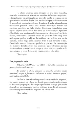 Rosimar Bortolini Poker, Sandra Eli Sartoreto de Oliveira Martins, Anna Augusta Sampaio de Oliveira,
Simone Ghedini Costa Milanez, Claudia Regina Mosca Giroto.
164
O aluno apresenta uma alteração em seu tônus muscular,
associado a movimentos restritos de membros inferiores e superiores,
principalmente, nas articulações do cotovelo, punho e polegar, este se
apresentando aduzido e fletido. Tem instabilidade postural com ausência
de controle de tronco, fazendo uso de cadeira de rodas adequada para
estabilidade postural. Possui uma melhor articulação motora dos
membros superiores do lado direito. Demonstra instabilidade para
segurar objetos utilizando as duas mãos ao mesmo tempo. Apresenta
dificuldades para manipular objetivos pequenos, tais como régua, lápis,
tesoura, entre outros. Necessita sempre do apoio de outro colega e/ou
adulto para apanhar os objetos do cotidiano para realizar suas tarefas
escolares, como: pegar copo, caderno, livro e usar borracha e lápis.
Capacidade motora: demonstra preferência pelo uso da coordenação
dos membros do lado direito, para favorecer o desenvolvimento de suas
tarefas escolares, principalmente, no que se refere à leitura e produção de
textos, sugere-se o uso de materiais e equipamentos adaptados.
Observações:
Função pessoal e social
ÁREA EMOCIONAL – AFETIVA – SOCIAL (considerar as
potencialidades e dificuldades)
Ao avaliar o aluno, considere os seguintes aspectos: estado
emocional, reação à frustração, isolamento e medos; interação grupal,
cooperação e afetividade.
Em função da sua lentidão para realizar as atividades propostas,
fica sempre atrasado em relação aos demais alunos, ocasionando atitudes
de discriminação por parte dos colegas e professores. Interage apenas com
dois colegas que ocupam as carteiras próximas à sua. Revela constante
desinteresse para as atividades propostas em sala de aula.
Observações:
 