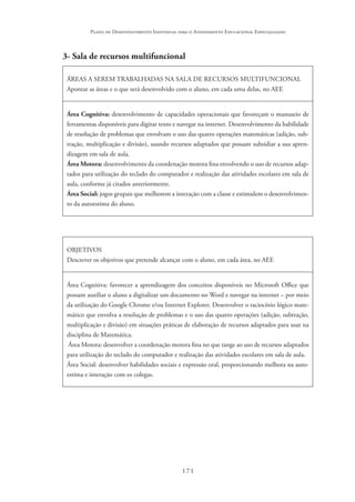 171
Plano de Desenvolvimento Individual para o Atendimento Educacional Especializado
3- Sala de recursos multifuncional
ÁREAS A SEREM TRABALHADAS NA SALA DE RECURSOS MULTIFUNCIONAL
Apontar as áreas e o que será desenvolvido com o aluno, em cada uma delas, no AEE
Área Cognitiva: desenvolvimento de capacidades operacionais que favoreçam o manuseio de
ferramentas disponíveis para digitar texto e navegar na internet. Desenvolvimento da habilidade
de resolução de problemas que envolvam o uso das quatro operações matemáticas (adição, sub-
tração, multiplicação e divisão), usando recursos adaptados que possam subsidiar a sua apren-
dizagem em sala de aula.
Área Motora: desenvolvimento da coordenação motora fina envolvendo o uso de recursos adap-
tados para utilização do teclado do computador e realização das atividades escolares em sala de
aula, conforme já citados anteriormente.
Área Social: jogos grupais que melhorem a interação com a classe e estimulem o desenvolvimen-
to da autoestima do aluno.
OBJETIVOS
Descrever os objetivos que pretende alcançar com o aluno, em cada área, no AEE
Área Cognitiva: favorecer a aprendizagem dos conceitos disponíveis no Microsoft Office que
possam auxiliar o aluno a digitalizar um documento no Word e navegar na internet – por meio
da utilização do Google Chrome e/ou Internet Explorer. Desenvolver o raciocínio lógico mate-
mático que envolva a resolução de problemas e o uso das quatro operações (adição, subtração,
multiplicação e divisão) em situações práticas de elaboração de recursos adaptados para usar na
disciplina de Matemática.
Área Motora: desenvolver a coordenação motora fina no que tange ao uso de recursos adaptados
para utilização do teclado do computador e realização das atividades escolares em sala de aula.
Área Social: desenvolver habilidades sociais e expressão oral, proporcionando melhora na auto-
estima e interação com os colegas.
	
 