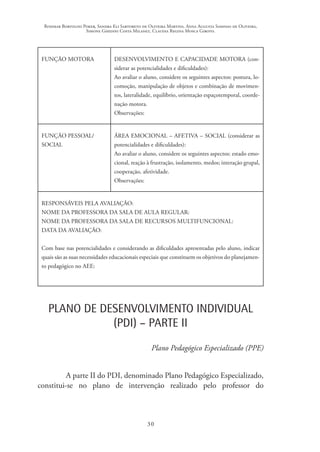 Rosimar Bortolini Poker, Sandra Eli Sartoreto de Oliveira Martins, Anna Augusta Sampaio de Oliveira,
Simone Ghedini Costa Milanez, Claudia Regina Mosca Giroto.
30
FUNÇÃO MOTORA DESENVOLVIMENTO E CAPACIDADE MOTORA (con-
siderar as potencialidades e dificuldades):
Ao avaliar o aluno, considere os seguintes aspectos: postura, lo-
comoção, manipulação de objetos e combinação de movimen-
tos, lateralidade, equilíbrio, orientação espaçotemporal, coorde-
nação motora.
Observações:
FUNÇÃO PESSOAL/
SOCIAL
ÁREA EMOCIONAL – AFETIVA – SOCIAL (considerar as
potencialidades e dificuldades):
Ao avaliar o aluno, considere os seguintes aspectos: estado emo-
cional, reação à frustração, isolamento, medos; interação grupal,
cooperação, afetividade.
Observações:
RESPONSÁVEIS PELA AVALIAÇÃO:
NOME DA PROFESSORA DA SALA DE AULA REGULAR:
NOME DA PROFESSORA DA SALA DE RECURSOS MULTIFUNCIONAL:
DATA DA AVALIAÇÃO:
Com base nas potencialidades e considerando as dificuldades apresentadas pelo aluno, indicar
quais são as suas necessidades educacionais especiais que constituem os objetivos do planejamen-
to pedagógico no AEE:
PLANO DE DESENVOLVIMENTO INDIVIDUAL
(PDI) – PARTE II
Plano Pedagógico Especializado (PPE)
A parte II do PDI, denominado Plano Pedagógico Especializado,
constitui-se no plano de intervenção realizado pelo professor do
 