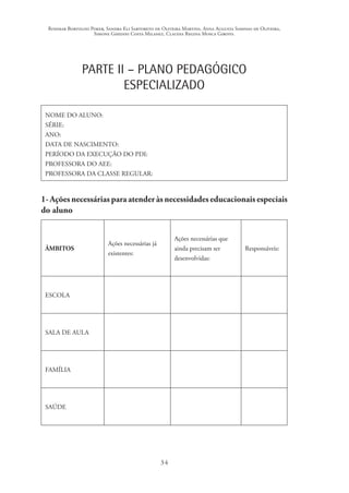 Rosimar Bortolini Poker, Sandra Eli Sartoreto de Oliveira Martins, Anna Augusta Sampaio de Oliveira,
Simone Ghedini Costa Milanez, Claudia Regina Mosca Giroto.
34
PARTE II – PLANO PEDAGÓGICO
ESPECIALIZADO
NOME DO ALUNO:
SÉRIE:
ANO:
DATA DE NASCIMENTO:
PERÍODO DA EXECUÇÃO DO PDI:
PROFESSORA DO AEE:
PROFESSORA DA CLASSE REGULAR:
1- Ações necessárias para atender às necessidades educacionais especiais
do aluno
ÂMBITOS
Ações necessárias já
existentes:
Ações necessárias que
ainda precisam ser
desenvolvidas:
Responsáveis:
ESCOLA
SALA DE AULA
FAMÍLIA
SAÚDE
 