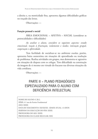 51
Plano de Desenvolvimento Individual para o Atendimento Educacional Especializado
a direita e, na motricidade fina, apresenta algumas dificuldades gráficas
no traçado das letras.
Observações: ---
Função pessoal e social
ÁREA EMOCIONAL – AFETIVA – SOCIAL (considerar as
potencialidades e dificuldades)
Ao avaliar o aluno, considere os seguintes aspectos: estado
emocional, reação à frustração, isolamento e medos; interação grupal,
cooperação e afetividade.
Tem facilidade de socializar-se no ambiente escolar, porém,
apresenta baixa autoestima em situações de aprendizado ou resolução
de problemas. Realiza atividades em grupos, mas demonstra-se agressivo
em situações de disputa com os colegas. Tem dificuldade na construção
da imagem de si mesmo em virtude do fracasso nas diversas situações da
vida cotidiana.
Observações: ---
PARTE II – PLANO PEDAGÓGICO
ESPECIALIZADO PARA O ALUNO COM
DEFICIÊNCIA INTELECTUAL
NOME DO ALUNO: C.R.G.
SÉRIE: 4.º ano do Ensino Fundamental
ANO: XXXX
DATA DE NASCIMENTO: XX/XX/XX - IDADE ATUAL: 13 ANOS
PERÍODO DA EXECUÇÃO DO PDI: XXXX
PROFESSORA DO AEE: XXXX
PROFESSORA DA CLASSE REGULAR: XXX
 
