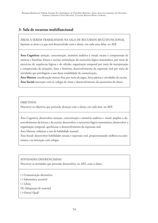 Rosimar Bortolini Poker, Sandra Eli Sartoreto de Oliveira Martins, Anna Augusta Sampaio de Oliveira,
Simone Ghedini Costa Milanez, Claudia Regina Mosca Giroto.
56
3- Sala de recursos multifuncional
ÁREAS A SEREM TRABALHADAS NA SALA DE RECURSOS MULTIFUNCIONAL
Apontar as áreas e o que será desenvolvido com o aluno, em cada uma delas, no AEE
Área Cognitiva: atenção, concentração, memória auditiva e visual; escuta e compreensão de
músicas e histórias; leitura e escrita; estimulação do raciocínio lógico-matemático, por meio de
exercícios de sequências lógicas e de cálculo; organização temporal por meio da interpretação
e compreensão de situações, fatos e histórias; desenvolvimento da expressão oral por meio de
atividades que privilegiem o uso dessa modalidade de comunicação.
Área Motora: coordenação motora fina por meio de jogos, brincadeiras e atividades de escrita.
Área Social: interação com os colegas de classe e desenvolvimento da autoestima do aluno.
OBJETIVOS
Descrever os objetivos que pretende alcançar com o aluno, em cada área, no AEE
Área Cognitiva: desenvolver atenção, concentração e memória auditiva e visual; ampliar o de-
senvolvimento da leitura e da escrita; desenvolver o raciocínio lógico-matemático; desenvolver a
organização temporal; aperfeiçoar o desenvolvimento da expressão oral.
Área Motora: enfatizar o uso da habilidade manual.
Área Social: desenvolver habilidades sociais e expressão oral, proporcionando melhora na auto-
estima e na interação com colegas.
	
ATIVIDADES DIFERENCIADAS
Descrever as atividades que pretende desenvolver, no AEE, com o aluno
( ) Comunicação alternativa
( ) Informática acessível
( ) Libras
(X) Adequação de material
( ) Outra? Qual?	
 