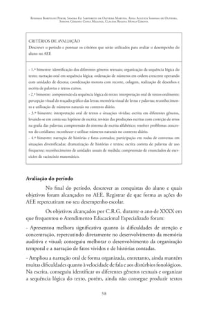 Rosimar Bortolini Poker, Sandra Eli Sartoreto de Oliveira Martins, Anna Augusta Sampaio de Oliveira,
Simone Ghedini Costa Milanez, Claudia Regina Mosca Giroto.
58
CRITÉRIOS DE AVALIAÇÃO
Descrever o período e pontuar os critérios que serão utilizados para avaliar o desempenho do
aluno no AEE
- 1.º bimestre: identificação dos diferentes gêneros textuais; organização da sequência lógica do
texto; narração oral em sequência lógica; ordenação de números em ordem crescente operando
com unidades de dezena; coordenação motora com recorte, colagem, realização de desenhos e
escrita de palavras e textos curtos.
- 2.º bimestre: compreensão da sequência lógica do texto; interpretação oral de textos oralmente;
percepção visual do traçado gráfico das letras; memória visual de letras e palavras; reconhecimen-
to e utilização de números naturais no contexto diário.
- 3.º bimestre: interpretação oral de textos e situações vividas; escrita em diferentes gêneros,
levando-se em conta sua hipótese de escrita; revisão das produções escritas com correção de erros
na grafia das palavras; compreensão do sistema de escrita alfabético; resolver problemas concre-
tos do cotidiano; reconhecer e utilizar números naturais no contexto diário.
- 4.º bimestre: narração de histórias e fatos contados; participação em rodas de conversas em
situações diversificadas; dramatização de histórias e textos; escrita correta de palavras de uso
frequente; reconhecimento de unidades usuais de medida; compreensão de enunciados de exer-
cícios de raciocínio matemático.
Avaliação do período
No final do período, descrever as conquistas do aluno e quais
objetivos foram alcançados no AEE. Registrar de que forma as ações do
AEE repercutiram no seu desempenho escolar.
Os objetivos alcançados por C.R.G. durante o ano de XXXX em
que frequentou o Atendimento Educacional Especializado foram:
- Apresentou melhora significativa quanto às dificuldades de atenção e
concentração, repercutindo diretamente no desenvolvimento da memória
auditiva e visual; conseguiu melhorar o desenvolvimento da organização
temporal e a narração de fatos vividos e de histórias contadas.
- Ampliou a narração oral de forma organizada, entretanto, ainda mantém
muitas dificuldades quanto à velocidade de fala e aos distúrbios fonológicos.
Na escrita, conseguiu identificar os diferentes gêneros textuais e organizar
a sequência lógica do texto, porém, ainda não consegue produzir textos
 
