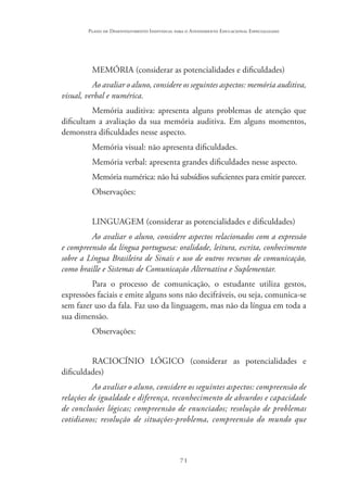 71
Plano de Desenvolvimento Individual para o Atendimento Educacional Especializado
MEMÓRIA (considerar as potencialidades e dificuldades)
Ao avaliar o aluno, considere os seguintes aspectos: memória auditiva,
visual, verbal e numérica.
Memória auditiva: apresenta alguns problemas de atenção que
dificultam a avaliação da sua memória auditiva. Em alguns momentos,
demonstra dificuldades nesse aspecto.
Memória visual: não apresenta dificuldades.
Memória verbal: apresenta grandes dificuldades nesse aspecto.
Memória numérica: não há subsídios suficientes para emitir parecer.
Observações:
LINGUAGEM (considerar as potencialidades e dificuldades)
Ao avaliar o aluno, considere aspectos relacionados com a expressão
e compreensão da língua portuguesa: oralidade, leitura, escrita, conhecimento
sobre a Língua Brasileira de Sinais e uso de outros recursos de comunicação,
como braille e Sistemas de Comunicação Alternativa e Suplementar.
Para o processo de comunicação, o estudante utiliza gestos,
expressões faciais e emite alguns sons não decifráveis, ou seja, comunica-se
sem fazer uso da fala. Faz uso da linguagem, mas não da língua em toda a
sua dimensão.
Observações:
RACIOCÍNIO LÓGICO (considerar as potencialidades e
dificuldades)
Ao avaliar o aluno, considere os seguintes aspectos: compreensão de
relações de igualdade e diferença, reconhecimento de absurdos e capacidade
de conclusões lógicas; compreensão de enunciados; resolução de problemas
cotidianos; resolução de situações-problema, compreensão do mundo que
 