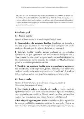 87
Plano de Desenvolvimento Individual para o Atendimento Educacional Especializado
MOTIVO DO ENCAMINHAMENTO PARA O ATENDIMENTO EDUCACIONAL ES-
PECIALIZADO (DIFICULDADES APRESENTADAS PELO ALUNO): dificuldade para ler
e escrever palavras e frases simples na lousa e no caderno; cópia da lousa realizada de forma lenta
e confusa. Problema com interpretação de textos e organização espacial no caderno. Não conse-
gue escrever com letra cursiva.
4- Avaliação geral
4.1- Âmbito familiar	
Apontar de forma descritiva as condições familiares do aluno.
1- Características do ambiente familiar (condições da moradia e
atitudes): os pais são primos em primeiro grau e residem junto com o filho
na chácara dos avôs que fica afastada da cidade, na zona rural.
2- Convívio familiar (relações afetivas, qualidade de comunicações,
expectativas): os pais apresentam um relacionamento tranquilo com a
criança. A mãe é muito cuidadosa e preocupada com a deficiência visual do
filho; tende sempre a realizar a maioria das atividades por M.A.C., temendo
que ele se machuque quando está sozinho.
3- Condições do ambiente familiar para a aprendizagem escolar: os
pais consideram a escola importante, porém, têm dificuldade de levá-lo à
escola em virtude da distância em que residem. Como M.A.C. depende do
ônibus rural que quebra com frequência, muitas vezes falta às aulas.
4.2- Âmbito escolar	
Apontar de forma descritiva as condições da escola para atender às
Necessidades Educacionais do aluno.
1- Em relação à cultura e filosofia da escola: a escola matricula
regularmente alunos com necessidades educacionais especiais, embora não
esteja preparada para atendê-los. No ano passado, recebeu os materiais e
recursos para instalação de uma Sala de Recursos Multifuncional.
2- Em relação à organização da escola (acessibilidade física, organização
das turmas; mobiliários adequados, critérios de matrícula, número de
alunos nas salas, interação com as famílias, orientação/apoio aos professores,
 