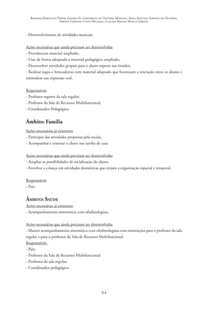 Rosimar Bortolini Poker, Sandra Eli Sartoreto de Oliveira Martins, Anna Augusta Sampaio de Oliveira,
Simone Ghedini Costa Milanez, Claudia Regina Mosca Giroto.
94
- Desenvolvimento de atividades musicais.
Ações necessárias que ainda precisam ser desenvolvidas
- Providenciar material ampliado;
- Usar de forma adequada o material pedagógico ampliado;
- Desenvolver atividades grupais para o aluno superar sua timidez;
- Realizar jogos e brincadeiras com material adaptado que favoreçam a interação entre os alunos e
estimulem sua expressão oral.
Responsáveis
- Professor regente da sala regular;
- Professor da Sala de Recursos Multifuncional;
- Coordenador Pedagógico.
Âmbito: Família
Ações necessárias já existentes
- Participar das atividades propostas pela escola;
- Acompanhar e orientar o aluno nas tarefas de casa.
	
Ações necessárias que ainda precisam ser desenvolvidas
- Ampliar as possibilidades de socialização do aluno;
- Envolver a criança em atividades domésticas que exijam a organização espacial e temporal.
Responsáveis
- Pais.
Âmbito: Saúde
Ações necessárias já existentes
- Acompanhamento sistemático com oftalmologista.
Ações necessárias que ainda precisam ser desenvolvidas
- Manter acompanhamento sistemático com oftalmologista com orientações para o professor da sala
regular e para o professor da Sala de Recursos Multifuncional.
Responsáveis
- Pais;
- Professor da Sala de Recursos Multifuncional;
- Professor da sala regular;
- Coordenador pedagógico.
 