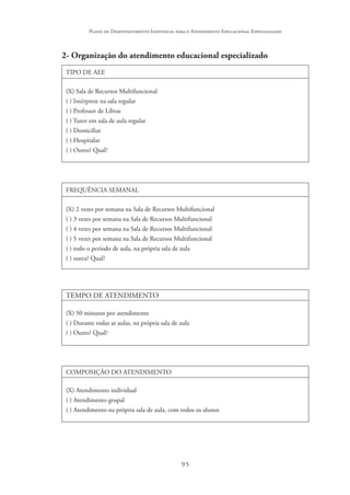 95
Plano de Desenvolvimento Individual para o Atendimento Educacional Especializado
2- Organização do atendimento educacional especializado
TIPO DE AEE
(X) Sala de Recursos Multifuncional
( ) Intérprete na sala regular
( ) Professor de Libras
( ) Tutor em sala de aula regular
( ) Domiciliar
( ) Hospitalar
( ) Outro? Qual?
FREQUÊNCIA SEMANAL
(X) 2 vezes por semana na Sala de Recursos Multifuncional
( ) 3 vezes por semana na Sala de Recursos Multifuncional
( ) 4 vezes por semana na Sala de Recursos Multifuncional
( ) 5 vezes por semana na Sala de Recursos Multifuncional
( ) todo o período de aula, na própria sala de aula
( ) outra? Qual?
TEMPO DE ATENDIMENTO
(X) 50 minutos por atendimento
( ) Durante todas as aulas, na própria sala de aula
( ) Outro? Qual?
COMPOSIÇÃO DO ATENDIMENTO
(X) Atendimento individual
( ) Atendimento grupal
( ) Atendimento na própria sala de aula, com todos os alunos
 