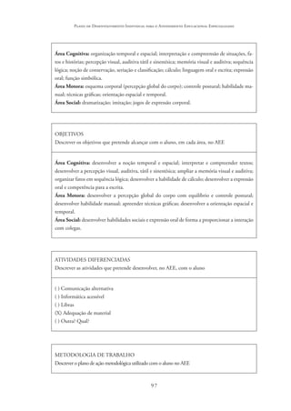 97
Plano de Desenvolvimento Individual para o Atendimento Educacional Especializado
Área Cognitiva: organização temporal e espacial; interpretação e compreensão de situações, fa-
tos e histórias; percepção visual, auditiva tátil e sinestésica; memória visual e auditiva; sequência
lógica; noção de conservação, seriação e classificação; cálculo; linguagem oral e escrita; expressão
oral; função simbólica.
Área Motora: esquema corporal (percepção global do corpo); controle postural; habilidade ma-
nual; técnicas gráficas; orientação espacial e temporal.
Área Social: dramatização; imitação; jogos de expressão corporal.
OBJETIVOS
Descrever os objetivos que pretende alcançar com o aluno, em cada área, no AEE
Área Cognitiva: desenvolver a noção temporal e espacial; interpretar e compreender textos;
desenvolver a percepção visual, auditiva, tátil e sinestésica; ampliar a memória visual e auditiva;
organizar fatos em sequência lógica; desenvolver a habilidade de cálculo; desenvolver a expressão
oral e competência para a escrita.
Área Motora: desenvolver a percepção global do corpo com equilíbrio e controle postural;
desenvolver habilidade manual; apreender técnicas gráficas; desenvolver a orientação espacial e
temporal.
Área Social: desenvolver habilidades sociais e expressão oral de forma a proporcionar a interação
com colegas.
ATIVIDADES DIFERENCIADAS
Descrever as atividades que pretende desenvolver, no AEE, com o aluno
( ) Comunicação alternativa
( ) Informática acessível
( ) Libras
(X) Adequação de material
( ) Outra? Qual?	
METODOLOGIA DE TRABALHO
Descrever o plano de ação metodológica utilizado com o aluno no AEE
 