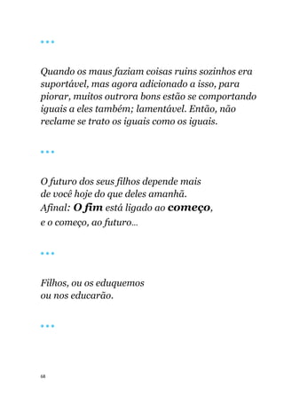 68
🔴 🔴 🔴
Quando os maus faziam coisas ruins sozinhos era
suportável, mas agora adicionado a isso, para
piorar, muitos outrora bons estão se comportando
iguais a eles também; lamentável. Então, não
reclame se trato os iguais como os iguais.
🔴 🔴 🔴
O futuro dos seus filhos depende mais
de você hoje do que deles amanhã.
Afinal: O fim está ligado ao começo,
e o começo, ao futuro...
🔴 🔴 🔴
Filhos, ou os eduquemos
ou nos educarão.
🔴 🔴 🔴
 