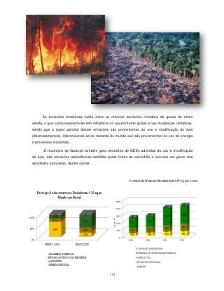 As emissões brasileiras estão entre as maiores emissões mundiais de gases de efeito
estufa, o que comprovadamente tem influência no aquecimento global e nas mudanças climáticas,
sendo que a maior parcela destas emissões são provenientes do uso e modificação do solo
(desmatamentos), diferenciando-se do restante do mundo que são provenientes do uso de energia
e processos industriais.

       O município de Guarujá também gera emissões de GEEs advindas do uso e modificação
do solo, das emissões atmosféricas emitidas pelas frotas de caminhão e veículos em geral, das
atividades portuárias, dentre outras.




                                            112
 