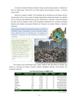 A coleta de resíduos domésticos feita pelo serviço geral de limpeza publica é realizada em
  80% da “cidade legal”, sendo 25% com coleta seletiva, entre domicílios, escolas e comércio
  (Censo 2010).

        Gera-se em média na cidade, 174,3 toneladas de lixo domiciliar por dia (Cetesb, 2012a),
  representando 18,61% do lixo gerado na Região Metropolitana da Baixada Santista. Isso significa
  que no município cada habitante produz por dia 1,668 kg de lixo domiciliar, volume preocupante
  por estar acima da média per capita (1,284 kg/hab/dia) estabelecido aos municípios da Região
  Sudeste pela Abrelpe (Associação Brasileira de Empresas de Limpeza Pública e Resíduos
  Especiais).

   No Inventario Estadual de Resíduos Domiciliares de 2011 da
   CETESB, o Índice de Qualidade de Aterro de Resíduos (IQR)
   para o Guarujá foi de 9,2, indicando que as condições de
   tratamento e disposição de lixo domiciliar de Guarujá são
   adequadas.


    De acordo com dados do
    Sistema Nacional de
    Informação de Saneamento, o
    valor gasto para a coleta de
    resíduos domiciliares, resíduos
    de saúde e para a varrição de
    logradouros públicos da
    cidade de Guarujá foi acima
    de R$22 milhões no ano de
    2009.


      Tais resíduos são encaminhados para o Aterro Sanitário Sítio das Neves em Santos, que
atende os municípios de Santos, Guarujá, Cubatão, Mongaguá, Bertioga, Praia Grande, Ilha
Comprida e Itanhaém.
                                 Lixo Domiciliar Gerado na RMBS, 2010.




                                                                                   Fonte: CETESB

                                                117
 