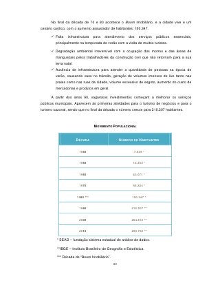 No final da década de 70 e 80 acontece o Boom imobiliário, e a cidade vive e um
cenário caótico, com o aumento assustador de habitantes: 150.347.

       Falta    infraestrutura    para   atendimento   dos   serviços   públicos   essenciais,
         principalmente na temporada de verão com a visita de muitos turistas.

       Degradação ambiental irreversível com a ocupação dos morros e das áreas de
         manguezais pelos trabalhadores da construção civil que não retornam para a sua
         terra natal.
       Ausência de infraestrutura para atender a quantidade de pessoas na época de
         verão, causando caos no trânsito, geração de volumes imensos de lixo tanto nas
         praias como nas ruas da cidade, volume excessivo de esgoto, aumento do custo de
         mercadorias e produtos em geral.

      A partir dos anos 90, vagarosos investimentos começam a melhorar os serviços
públicos municipais. Aparecem às primeiras atividades para o turismo de negócios e para o
turismo sazonal, sendo que no final da década o número cresce para 210.207 habitantes.



                                   MOVIMENTO POPULACIONAL


                        DÉCADA                     NÚMERO DE HABITANTES


                         1940                              7.539 *


                         1950                             13.203 *


                         1960                             40.071 *


                         1970                             93.224 *


                        1980 ***                          150.347 *


                         1990                            210.207 **


                         2000                            264.812 **


                         2010                            290.752 **

         * SEAD – fundação sistema estadual de análise de dados.

         **IBGE – Instituto Brasileiro de Geografia e Estatística.

         *** Década do “Boom Imobiliário”.
                                              39
 