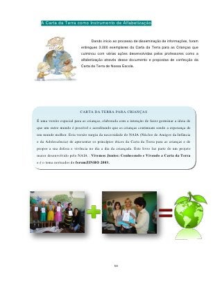 A Carta da Terra como Instrumento de Alfabetização


                                Dando início ao processo de disseminação de informações, foram
                          entregues 3.000 exemplares da Carta da Terra para as Crianças que
                          culminou com várias ações desenvolvidas pelos professores como a
                          alfabetização através desse documento e propostas de confecção da
                          Carta da Terra de Nossa Escola.




                          CARTA DA TERRA PARA CRIANÇAS

É uma versão especial para as crianças, elaborada com a intenção de fazer germinar a ideia de
que um outro mundo é possível e acreditando que as crianças continuam sendo a esperança de
um mundo melhor. Esta versão surgiu da necessidade do NAIA (Núcleo de Amigos da Infância
e da Adolescência) de apresentar os princípios éticos da Carta da Terra para as crianças e de
propor a sua defesa e vivência no dia a dia da criançada. Este livro faz parte de um projeto
maior desenvolvido pelo NAIA : Vivemos Juntos: Conhecendo e Vivendo a Carta da Terra
e é o tema norteador do forumZINHO 2003.
Acesse: www.naia-rs.org.br




                                              58
 