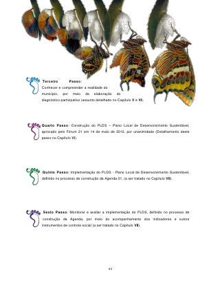 Terceiro           Passo:
Conhecer e compreender a realidade do
município,   por    meio    da   elaboração     do
diagnóstico participativo (assunto detalhado no Capítulo V e VI).




Quarto Passo: Construção do PLDS – Plano Local de Desenvolvimento Sustentável,
aprovado pelo Fórum 21 em 14 de maio de 2012, por unanimidade (Detalhamento deste
passo no Capítulo VI).




Quinto Passo: Implementação do PLDS - Plano Local de Desenvolvimento Sustentável,
definido no processo de construção da Agenda 21, (a ser tratado no Capítulo VII).




Sexto Passo: Monitorar e avaliar a implementação do PLDS, definido no processo de
construção da Agenda, por meio do acompanhamento dos indicadores e outros
instrumentos de controle social (a ser tratado no Capítulo VII).




                                           82
 
