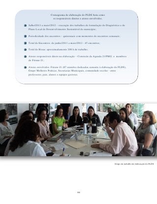 Cronograma de elaboração do PLDS bem como
                    os responsáveis diretos e atores envolvidos.

Julho/2011 a maio/2012 – execução dos trabalhos de formulação do Diagnóstico e do
Plano Local de Desenvolvimento Sustentável do município;

Periodicidade dos encontros – quinzenais com momentos de encontros semanais;

Total de Encontros: de junho/2011 a maio/2012 - 45 encontros;

Total de Horas: aproximadamente 200 h de trabalho;

Atores responsáveis direto na elaboração – Comissão da Agenda 21/PMG e membros
do Fórum-21;

Atores envolvidos: Fórum-21 (07 reuniões dedicadas somente à elaboração do PLDS),
Grupo Melhores Práticas, Secretarias Municipais, comunidade escolar - entre
professores, pais, alunos e equipes gestoras.




                                                                        Grupo de trabalho de elaboração do PLDS




                                         90
 