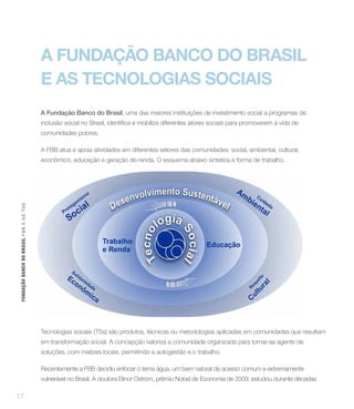 A FUNDAÇÃO BANCO DO BRASIL
                                          E AS TECNOLOGIAS SOCIAIS
                                          A fundação banco do brasil, uma das maiores instituições de investimento social a programas de


                                          comunidades pobres.

                                          A FBB atua e apoia atividades em diferentes setores das comunidades: social, ambiental, cultural,
                                          econômico, educação e geração de renda. O esquema abaixo sintetiza a forma de trabalho.
 FUNDAÇÃO BANCO DO BRASIL FBB E A S TSS




                                          Tecnologias sociais (TSs) são produtos, técnicas ou metodologias aplicadas em comunidades que resultam
                                          em transformação social. A concepção valoriza a comunidade organizada para tornar-se agente de
                                          soluções, com matizes locais, permitindo a autogestão e o trabalho.

                                          Recentemente a FBB decidiu enfocar o tema água, um bem natural de acesso comum e extremamente
                                          vulnerável no Brasil. A doutora Elinor Ostrom, prêmio Nobel de Economia de 2009, estudou durante décadas

17
 