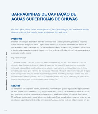 BARRAGINHAS DE CAPTAÇÃO DE
                                                             ÁGUAS SUPERFICIAIS DE CHUVAS

                                                             Em Sete Lagoas, Minas Gerais, as barraginhas no pasto guardam água para a bebida de animais
                                                             silvestres e de criação e mantêm verdes as plantas na época de seca.


                                                             Problema

                                                             sofrem com a falta de água nas secas. Os pecuaristas sofrem com problemas semelhantes. Os animais de
                                                             criação sentem a seca e não engordam. Os animais silvestres migram à procura de água. Pequenos fazendeiros
                                                             e sitiantes estão frequentemente dependentes do suprimento de caminhão-pipa e burrinho de carga, geralmente
 FUNDAÇÃO BANCO DO BRASIL TEC NO LO GIA S S O C IA IS ÁGUA




                                                             explorados em altos preços.

                                                             Segundo a Emprapa,

                                                             “O semiárido brasileiro, com 900 mil km², tem pouca chuva (entre 400 mm e 800 mm anuais) e cujos solos
                                                             não retêm água. Sua população de 20 milhões de habitantes, dos quais 46% ainda vivem no campo, vive
                                                             sob grande vulnerabilidade social, sujeita a fatores naturais e continuamente sem água. Segundo a Embrapa
                                                             Semiárido, dois meses após o término das chuvas, 550 mil dos 2,6 milhões de estabelecimentos rurais da região


                                                             estabelecimentos rurais engrossam a lista dos que se veem privados de qualquer Fonte de água. A seca é um




                                                             Solução
                                                             As barraginhas são pequenos açudes, construídos unicamente para guardar água de chuva para períodos
                                                             de seca. Proporcionam melhores condições para as famílias do meio rural, diminuem os danos ambientais,
                                                             principalmente a erosão e o assoreamento. Desenvolvido pela Embrapa Milho e Sorgo, de Sete Lagoas,
                                                             Minas Gerais, o sistema vem sendo adotado em todo o país. Pode ser aplicada em qualquer região em que
                                                             as estações sejam claramente divididas entre seca e chuvosa. A técnica pode ser útil para regiões em que




43
 