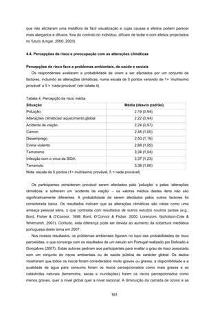 161
que não elicitaram uma metáfora de fácil visualização e cujas causas e efeitos podem parecer
mais alargados e difusos, fora do controlo do indivíduo, difíceis de isolar e com efeitos projectados
no futuro (Ungar, 2000; 2003).
4.4. Percepções de risco e preocupação com as alterações climáticas
Percepções de risco face a problemas ambientais, de saúde e sociais
Os respondentes avaliaram a probabilidade de virem a ser afectados por um conjunto de
factores, incluindo as alterações climáticas, numa escala de 5 pontos variando de 1= ‘muitíssimo
provável’ a 5 = ‘nada provável’ (ver tabela 4).
Tabela 4. Percepção de risco média
Situação Média (desvio padrão)
Poluição 2,19 (0,94)
Alterações climáticas/ aquecimento global 2,22 (0,94)
Acidente de viação 2,24 (0,97)
Cancro 2,48 (1,00)
Desemprego 2,50 (1,19)
Crime violento 2,88 (1,05)
Terrorismo 3,34 (1,04)
Infecção com o vírus da SIDA 3,37 (1,23)
Terramoto 3,38 (1,06)
Nota: escala de 5 pontos (1= muitíssimo provável, 5 = nada provável)
Os participantes consideram provável serem afectados pela ‘poluição’ e pelas ‘alterações
climáticas’ e sofrerem um ‘acidente de viação’ – os valores médios destes itens não são
significativamente diferentes. A probabilidade de serem afectados pelos outros factores foi
considerada baixa. Os resultados indicam que as alterações climáticas são vistas como uma
ameaça pessoal séria, o que contrasta com resultados de outros estudos noutros países (e.g.,
Bord, Fisher & O’Connor, 1998; Bord, O’Connor & Fisher, 2000; Lorenzoni, Nicholson-Cole &
Whitmarsh, 2007). Contudo, esta diferença pode ser devida ao aumento da cobertura mediática
portuguesa deste tema em 2007.
Nos nossos resultados, os problemas ambientais figuram no topo das probabilidades de risco
percebidas, o que converge com os resultados de um estudo em Portugal realizado por Delicado e
Gonçalves (2007). Estas autoras pediram aos participantes para avaliar o grau de risco associado
com um conjunto de riscos ambientais ou de saúde pública de carácter global. Os dados
mostraram que todos os riscos foram considerados muito graves ou graves: a disponibilidade e a
qualidade da água para consumo foram os riscos percepcionados como mais graves e as
catástrofes naturais (terramotos, secas e inundações) foram os riscos percepcionados como
menos graves, quer a nível global quer a nível nacional. A diminuição da camada de ozono e as
 
