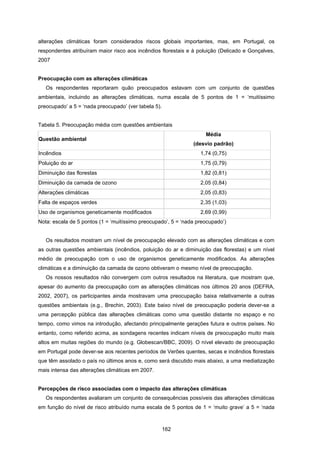 162
alterações climáticas foram considerados riscos globais importantes, mas, em Portugal, os
respondentes atribuíram maior risco aos incêndios florestais e à poluição (Delicado e Gonçalves,
2007
Preocupação com as alterações climáticas
Os respondentes reportaram quão preocupados estavam com um conjunto de questões
ambientais, incluindo as alterações climáticas, numa escala de 5 pontos de 1 = ‘muitíssimo
preocupado’ a 5 = ‘nada preocupado’ (ver tabela 5).
Tabela 5. Preocupação média com questões ambientais
Questão ambiental
Média
(desvio padrão)
Incêndios 1,74 (0,75)
Poluição do ar 1,75 (0,79)
Diminuição das florestas 1,82 (0,81)
Diminuição da camada de ozono 2,05 (0,84)
Alterações climáticas 2,05 (0,83)
Falta de espaços verdes 2,35 (1,03)
Uso de organismos geneticamente modificados 2,69 (0,99)
Nota: escala de 5 pontos (1 = ‘muitíssimo preocupado’, 5 = ‘nada preocupado’)
Os resultados mostram um nível de preocupação elevado com as alterações climáticas e com
as outras questões ambientais (incêndios, poluição do ar e diminuição das florestas) e um nível
médio de preocupação com o uso de organismos geneticamente modificados. As alterações
climáticas e a diminuição da camada de ozono obtiveram o mesmo nível de preocupação.
Os nossos resultados não convergem com outros resultados na literatura, que mostram que,
apesar do aumento da preocupação com as alterações climáticas nos últimos 20 anos (DEFRA,
2002, 2007), os participantes ainda mostravam uma preocupação baixa relativamente a outras
questões ambientais (e.g., Brechin, 2003). Este baixo nível de preocupação poderia dever-se a
uma percepção pública das alterações climáticas como uma questão distante no espaço e no
tempo, como vimos na introdução, afectando principalmente gerações futura e outros países. No
entanto, como referido acima, as sondagens recentes indicam níveis de preocupação muito mais
altos em muitas regiões do mundo (e.g. Globescan/BBC, 2009). O nível elevado de preocupação
em Portugal pode dever-se aos recentes períodos de Verões quentes, secas e incêndios florestais
que têm assolado o país no últimos anos e, como será discutido mais abaixo, a uma mediatização
mais intensa das alterações climáticas em 2007.
Percepções de risco associadas com o impacto das alterações climáticas
Os respondentes avaliaram um conjunto de consequências possíveis das alterações climáticas
em função do nível de risco atribuído numa escala de 5 pontos de 1 = ‘muito grave’ a 5 = ‘nada
 