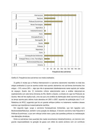 87
Gráfico 5: Frequência dos sub-temas nos media analisados.
O gráfico 5 revela que a Política Internacional é o sub-tema claramente maioritário no total dos
artigos analisados (o que se acentua ainda mais quando atentamos nos sub-temas dominantes nos
artigos – 31% versus 26% –, algo que não é apresentado detalhadamente neste capítulo por razões
de espaço). Quatro dos 12 momentos críticos seleccionados para a análise relacionam-se
explicitamente com este tema (Cimeiras do Rio, Berlim e Quioto, e entrada em vigor do Protocolo de
Quioto). Mas tal não explica tudo, uma vez que uma análise da distribuição deste sub-tema ao longo
do tempo aponta para valores muito elevados em 2001 e 2007, aquando da publicação dos 3° e 4°
Relatórios do IPCC, sugerindo que há um grande enfoque político no tratamento mediático desses
eventos cuja importância é essencialmente científica.
Em segundo lugar, surge o sub-tema Consequências Ambientais, que tem ligações com
Biodiversidade/Natureza, também numa posição de destaque. O terceiro sub-tema mais frequente é
Políticas Económicas, o que vem reforçar ainda mais o peso das questões políticas na mediatização
das alterações climáticas.
Entre os sub-temas mais ausentes dos media encontramos Indústria/Comércio, um domínio com
grande responsabilidade na geração de gases com efeito de estufa (embora com um contributo
0 20 40 60 80 100 120 140 160 180 200
Cinema
Biodiversidade/Natureza
Energias Renov. e Inov. Tecnológica
Consequências Ambientais
Outro
Segurança
Pobreza
Saúde
Demografia
Educação/Ensino
Outro
Indústria/Comércio
Agricultura
Novas Tecnologias
Políticas Económicas
Nacional
Internacional
Cult
ura
Ciência
Sociedade
Economia
Política
Frequência dos sub-temas
 